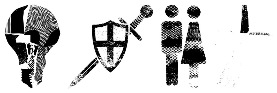 This gritty stencil collection showcases a medieval helm, a broadsword with a heater shield, and stylized human silhouettes. These rough textures and knightly gear add an edgy aesthetic.
