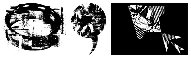 Fototapeta premium Edgy textured grunge elements featuring a rough circle, a jagged speech bubble, and sharp geometric. This distressed scrap art collection uses heavy halftone and ink splatter textures.