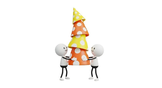 Characters holding a stack of colorful party hats