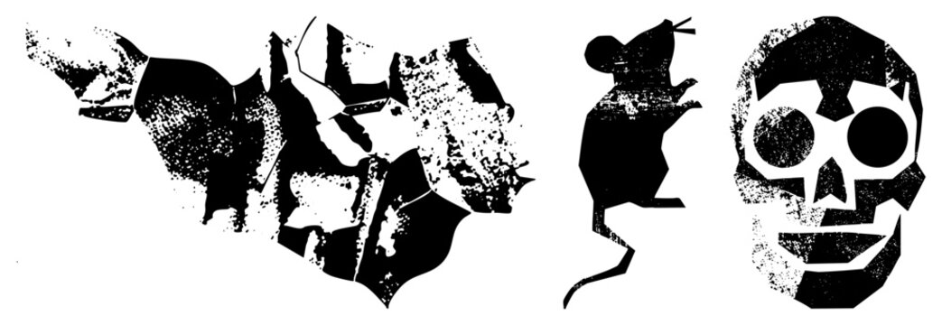 Distressed street art elements featuring a punk rodent, a skeletal face, and jagged abstract shapes. This stencil set includes a creepy skull and a gritty vermin for aesthetics.