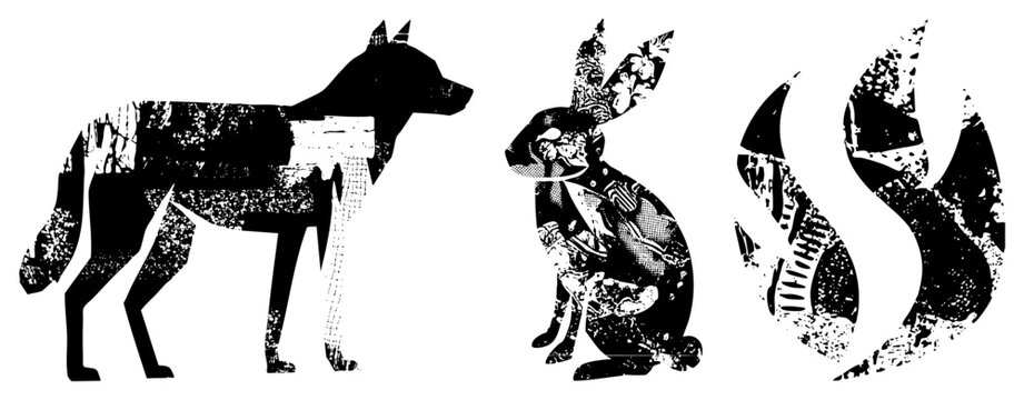 This collection features a wild timber wolf, a forest hare, and a flickering blaze. Each silhouette is filled with intricate distressed textures and high contrast motifs.