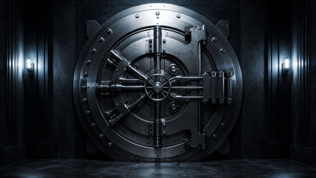 Massive Round Steel Bank Vault Door in Secure Underground Bunker Dark Industrial Finance Security Room