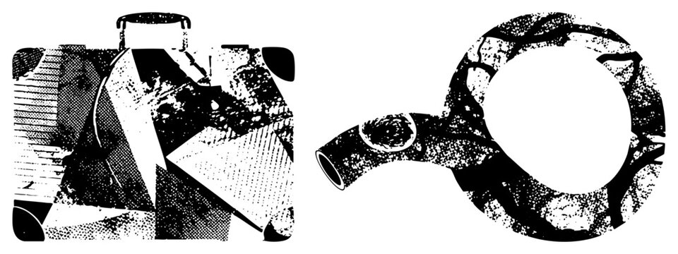 This gritty composition features a textured travel bag or valise alongside a stylized blowing horn or whistle. These dark halftone elements create a rough, distressed aesthetic.