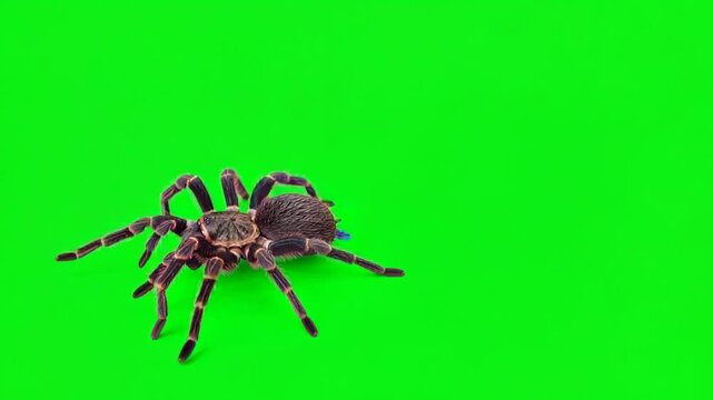 Hairy Tarantula Spider Crawling Diagonally From Background to Foreground Green Screen Chroma Key Commercial Stock Video Footages