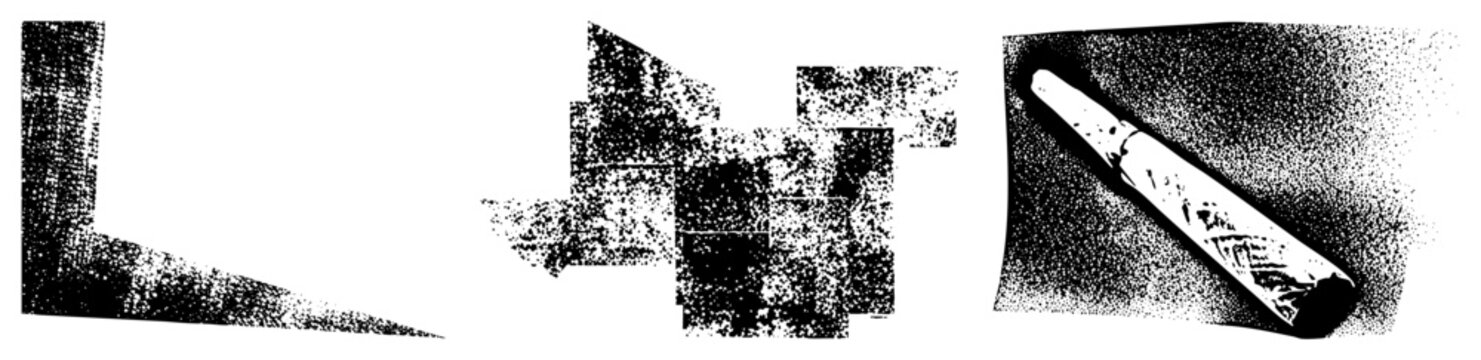 Rough textured elements featuring a gritty block, an abstract ink blot, and a stippled charcoal stick. These weathered shapes and charcoal nub offer a raw, hand drawn aesthetic for creative projects.