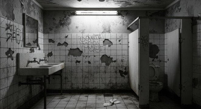 A neglected and grimy public restroom with vandalized tiled walls and decaying interior, evoking a sense of despair