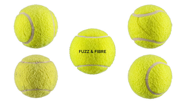 Dynamic arrangement of five vibrant yellow tennis balls, one featuring unique 'Fuzz & Fibre' text.