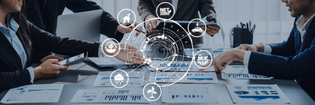 Net zero and sustainability concepts with environmental balance, digital sustainability icons, green energy goals, and eco-conscious digital business transformation for the future. Entice