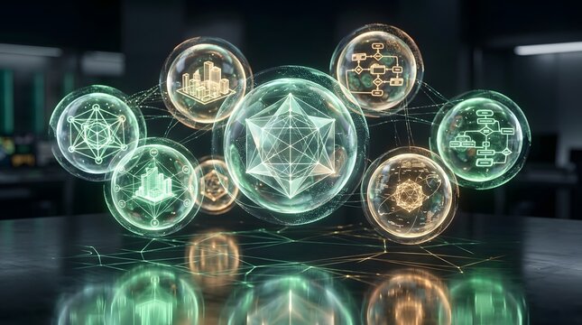 Futuristic abstract glowing orbs with complex geometric patterns