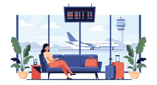 Woman sitting on a blue sofa and using her smartphone while waiting for her flight at an airport terminal with a plane visible outside.