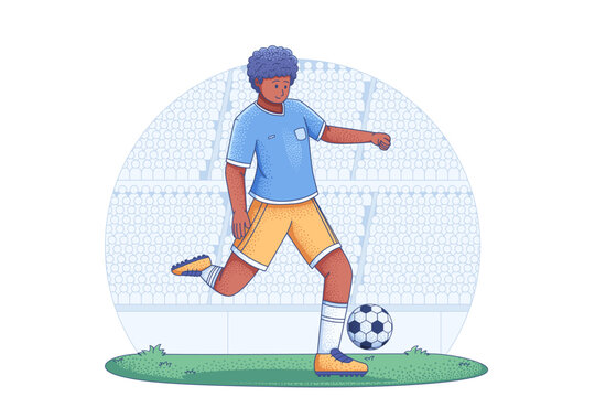 A young male soccer player is kicking a soccer ball during a match.