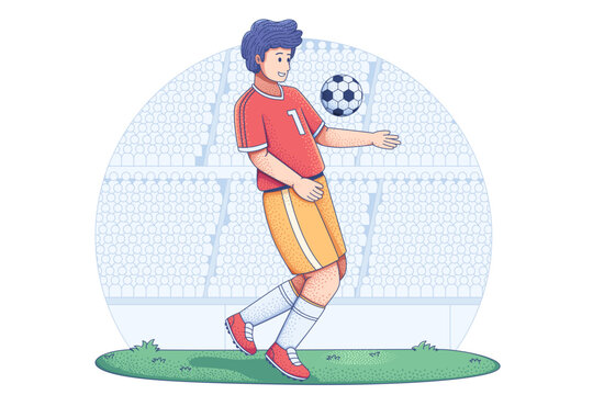 A male soccer player chest stall or juggles a ball with his chest on a football stadium field during a match.