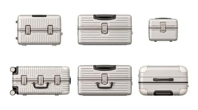 Comprehensive views of a sleek silver metallic hard-shell travel suitcase with modern design and features.
