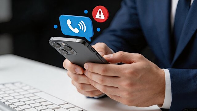 Businessman in suit holding smartphone receiving incoming call with alert icon, urgent communication concept for customer support or emergency contact scenario.