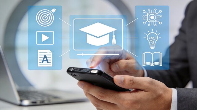 Digital education and e-learning concept on mobile phone screen showing graduation cap, books, and study icons for online university courses and remote learning technology.