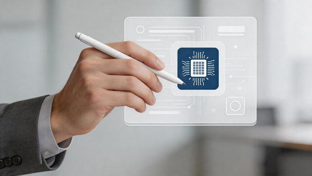 Hand using stylus pen to draw microprocessor chip icon on transparent digital interface representing artificial intelligence hardware design and computer engineering technology.