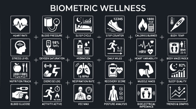 Biometric Wellness Icons: Health Tracking, Fitness, Sleep, Nutrition & Vitals