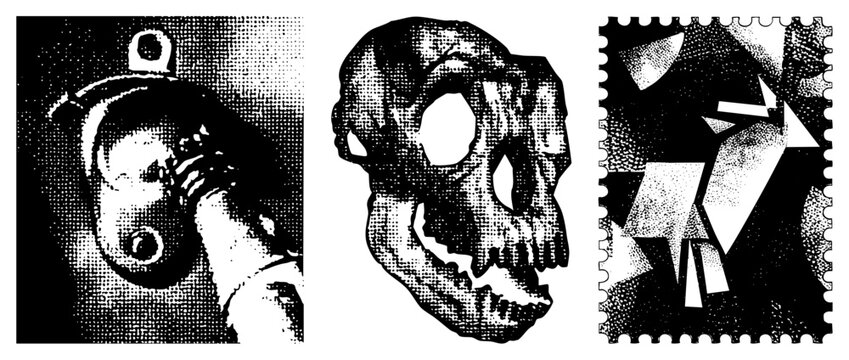 This collection features a detailed deaths head and various jagged shapes. A textured bone head meets abstract graphic fragments in a high contrast halftone style.