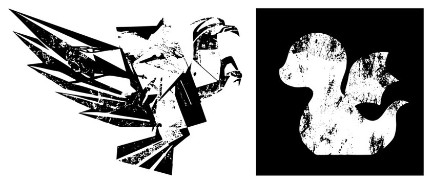 Powerful winged creature, often called a sky dancer or feathered, soaring through the air. This distressed avian silhouette features sharp geometric fragments and heavy texture.