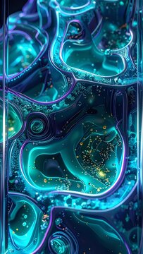 マイクロ流体デバイス内の細胞構造のような流体のマクロ視点 / Macro view of cell-like fluid structures within a microfluidic device (Generative AI)