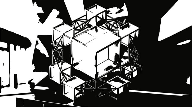 Abstract Geometric Structure with Cubes and Trusses, Black and White Architectural Concept