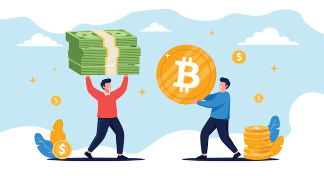 Two men carrying a large stack of paper money and a giant Bitcoin coin representing the shift from traditional cash to cryptocurrency.