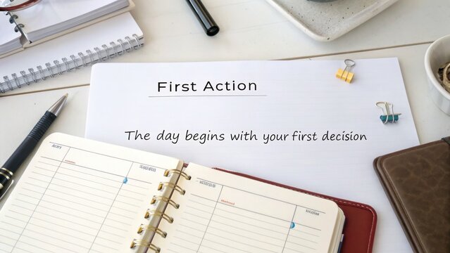 Planner on a clean desk with "First Action" paper