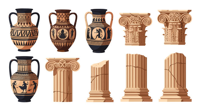 Set of ancient greek archaeological artifacts including decorative pottery vases and different styles of stone architectural columns.
