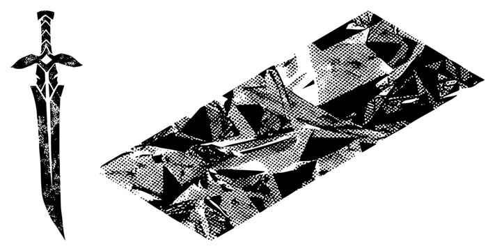 This stylized blade and its accompanying jagged fragments feature a gritty halftone texture. A lethal scimitar and sharp shrapnel pieces appear in a high contrast, distressed graphic style.