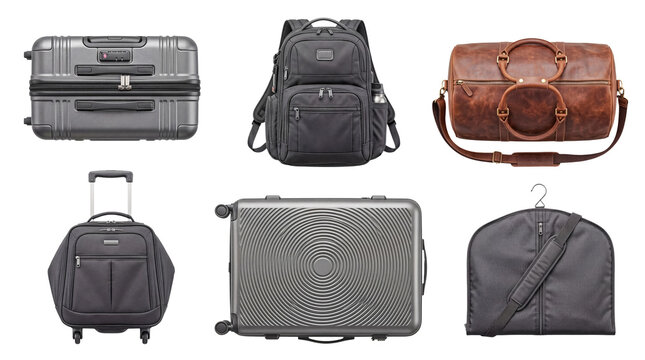 Comprehensive assortment of modern travel bags, featuring suitcases, backpacks, and duffels on transparent background.