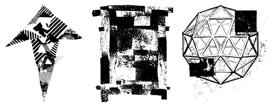 This collection features a sharp starburst, a textured rectangular block, and a complex polyhedral structure. These gritty, distressed elements include a punk star and a geometric lattice.