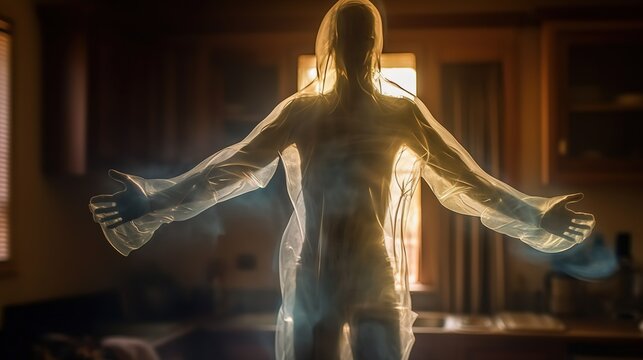 A delicate ghostly figure drifting between worlds, barely visible yet hauntingly present.