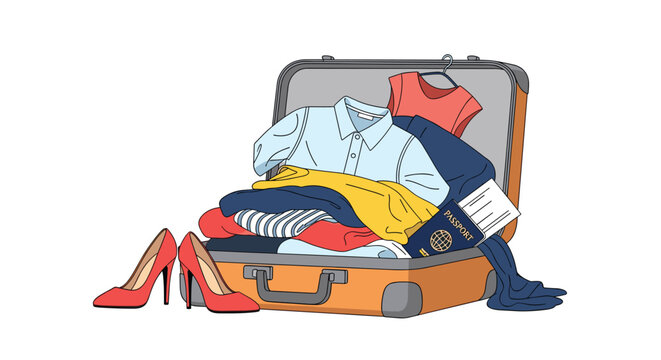 Open orange suitcase overfilled with many colorful clothes, a pair of red high heels, and a passport with flight tickets inside.
