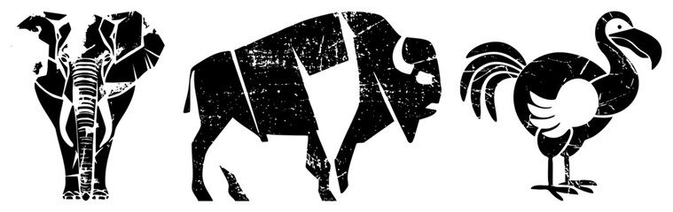 Obraz premium Trio of majestic creatures featuring a heavy pachyderm, a massive buffalo, and a tropical toucan. These distressed wildlife silhouettes capture a rugged essence through bold black shapes.