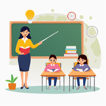 Teacher instructing students in a classroom with a blackboard