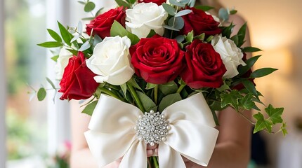 Obraz premium Red and white rose bridal bouquet with white satin bow and brooch