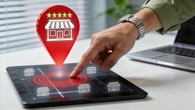 Hand selecting store location on digital map tablet, local business marketing concept, GPS navigation pin pointer, customer review rating stars, franchise expansion strategy