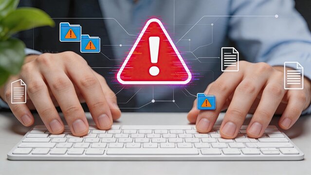 Hands typing on keyboard with glowing red warning triangle and file icons indicating cybersecurity threat detection system alert for digital safety and network protection in