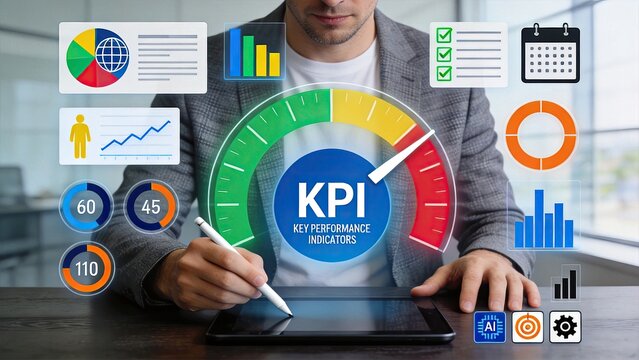 Businessman analyzing KPI dashboard on tablet, key performance indicators gauge with charts and graphs for data driven decision making in modern office environment