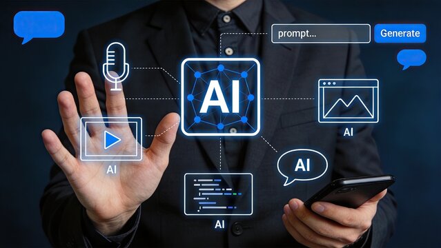 Artificial intelligence network interface showing generative tools for text, image, audio, and video creation, representing advanced AI technology and automation concepts.