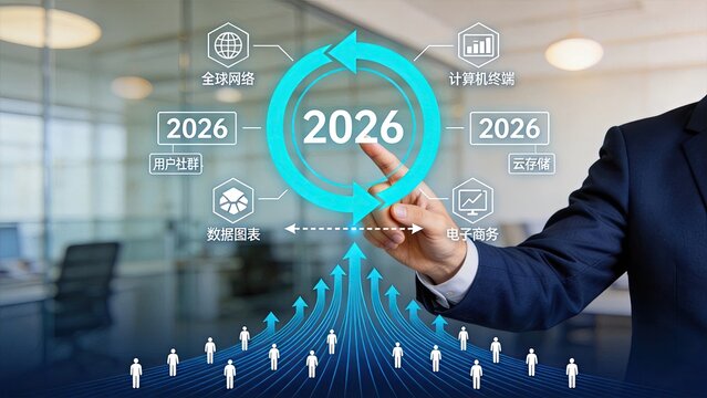 Futuristic business concept showing year 2026 with global network, cloud storage, e-commerce and user community icons, hand touching digital interface representing growth strategy