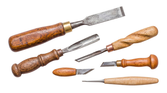 Assortment of vintage wood carving tools and chisels with wooden handles, isolated on transparent.