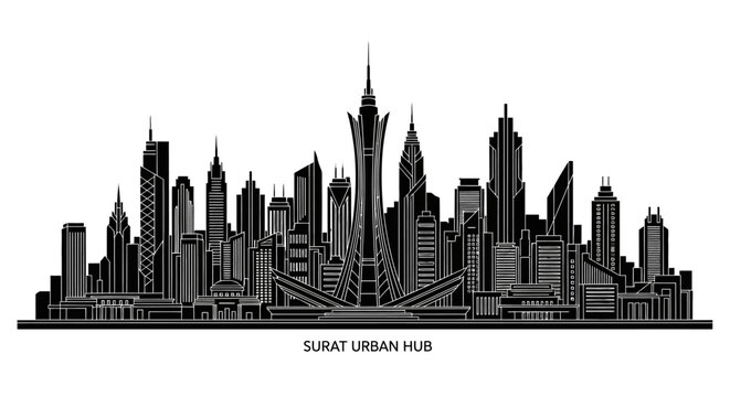 Surat Urban Hub City Skyline Silhouette Illustration
