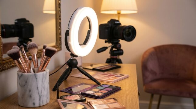 Portable LED ring light on a mini tripod placed on a wooden vanity next to makeup brushes in a marble holder, eyeshadow palettes, and a DSLR camera for beauty tutorial recording.