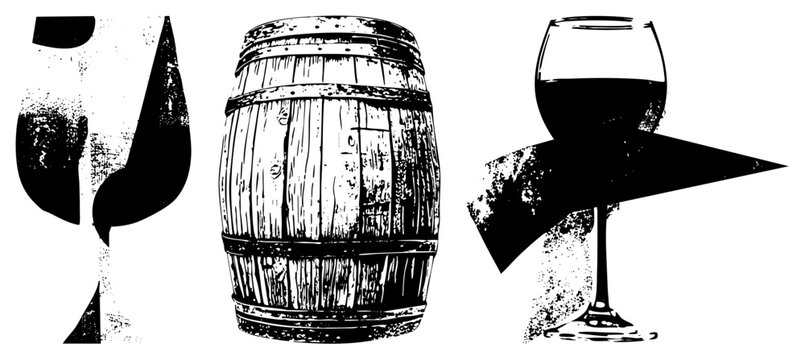 Rustic wooden cask alongside a sophisticated wine goblet, featuring a textured wine barrel and an elegant stemware glass for classic cellar aesthetics.