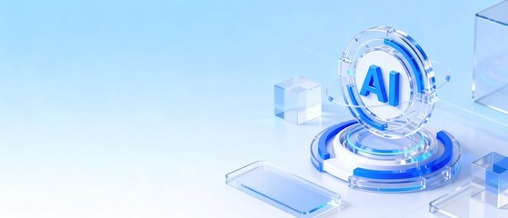 Modern 3d transparent glass and blue artificial intelligence icon standing on circular podium with clear light blue background for tech innovation concept