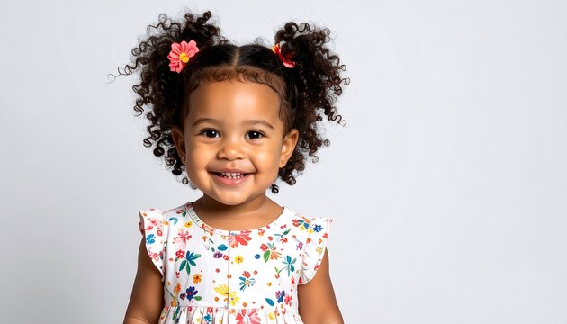 Smiling young girl with curly hair and colorful shirt, on white background