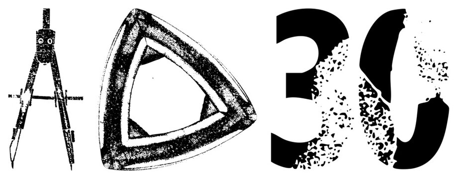 Gritty composition featuring a vintage divider, a triangular scale, and the number 30. This stencil style set includes a drafting tool and a triangle for architectural sketching.