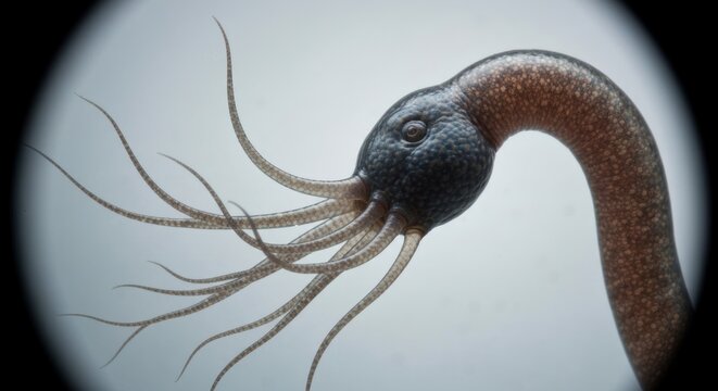 Microscopic view of a tentacled, tubular creature with a bulbous head