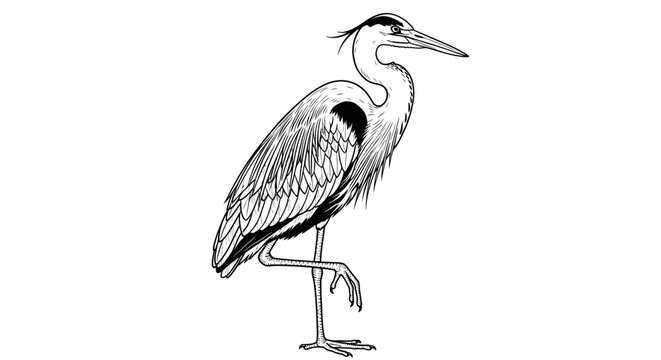 Elegant Heron Bird Standing on One Leg, Detailed Line Art Illustration